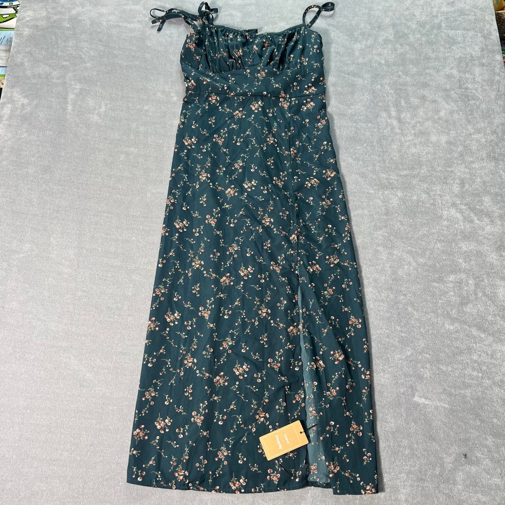 Shein Frenchy Womens Midi Dress M Green Teal Floral Sweetheart Slit‎ Cottagecore